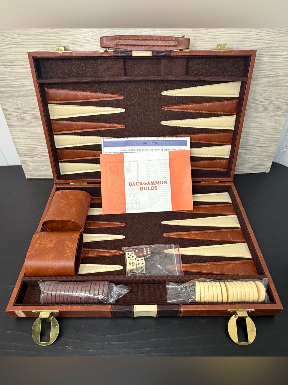 Vintage Backgammon Board Game Set 15" Brown Faux Leather Case Complete Travel